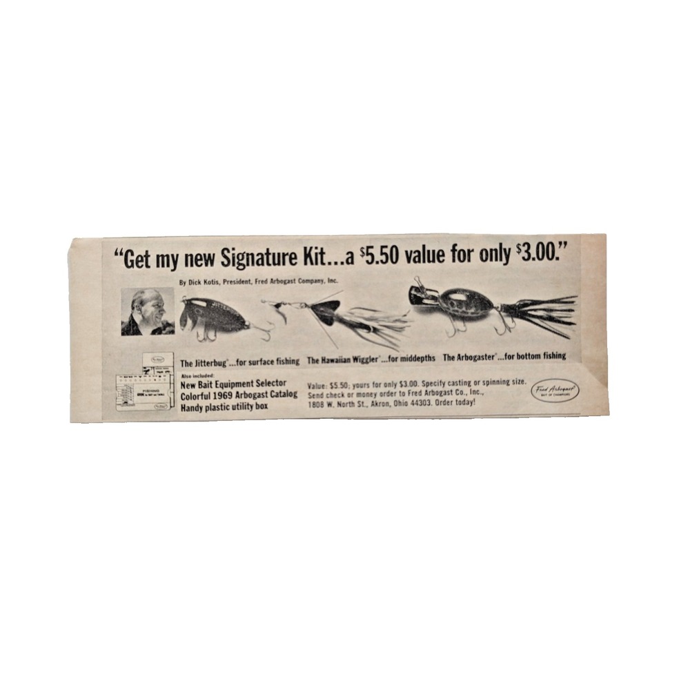 Vintage 1969‎ Print Ad Fred Arbogast Fishing Lures Jitterbug Arbogaster Wiggler